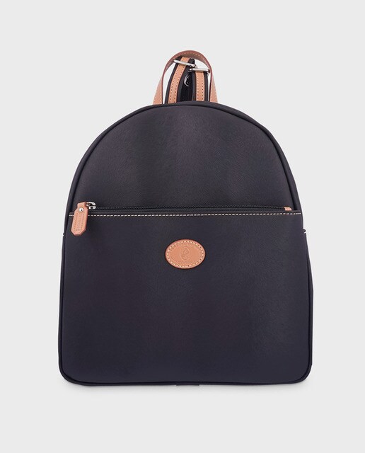 Mochila média de lona e pele de bovino preta com fecho-éclair