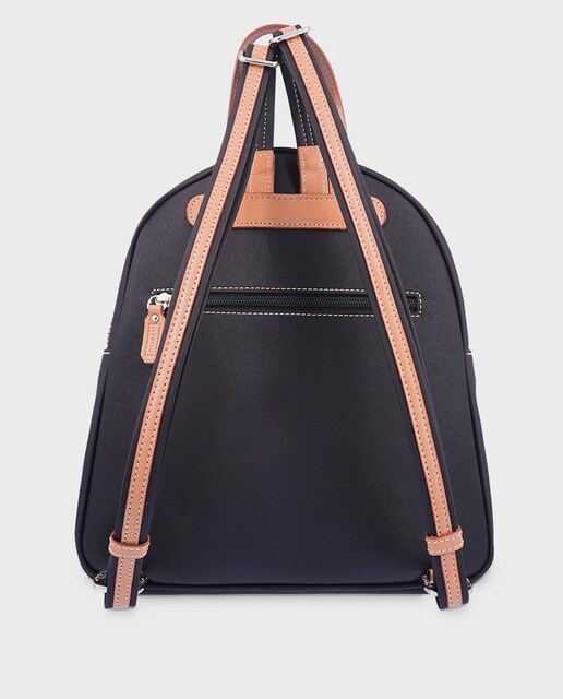 Mochila média de lona e pele de bovino preta com fecho-éclair