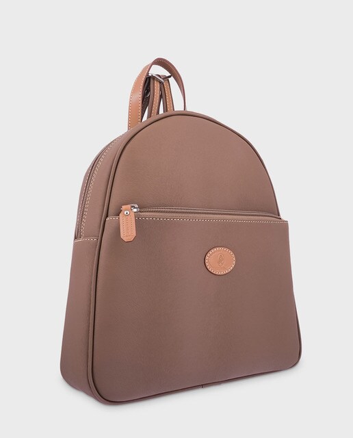 Mochila média de lona e pele de bovino taupe com fecho-éclair