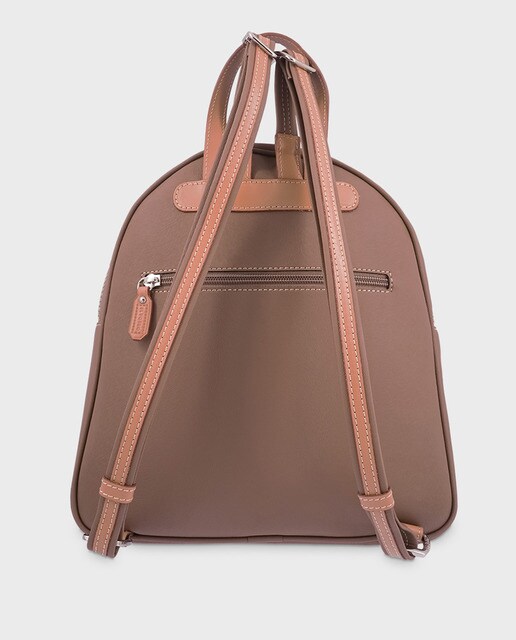 Mochila média de lona e pele de bovino taupe com fecho-éclair