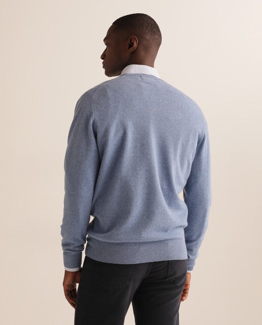 Camisola de malha lambswool azul com decote em bico