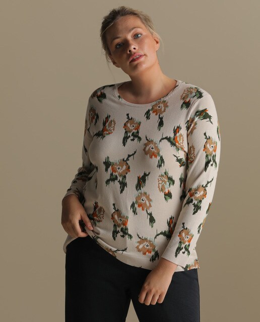Camisola de malha tamanhos grandes com estampado floral e decote redondo