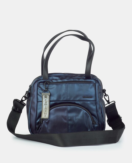 Bowling bag pequena azul com acabamento metalizado
