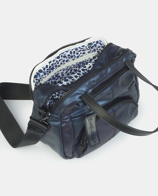 Bowling bag pequena azul com acabamento metalizado