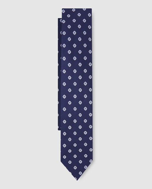 Gravata de seda azul-marinho com estampado de fantasia