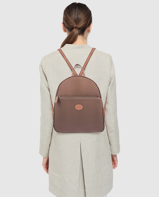 Mochila média de lona e pele de bovino taupe com fecho-éclair