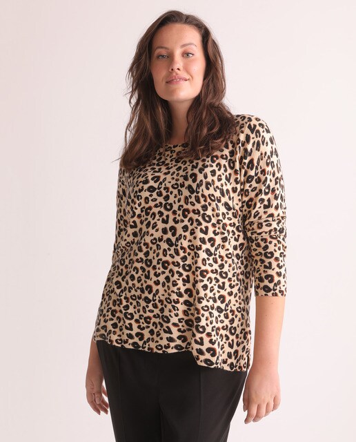 Camisola de malha tamanhos grandes com animal print e manga comprida