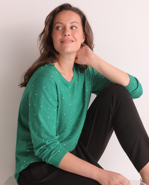 Camisola de malha tamanhos grandes com manga comprida e missangas tipo pérolas