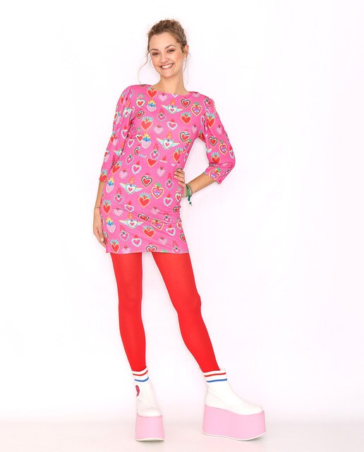 Vestido de decote à barco estampado rosa