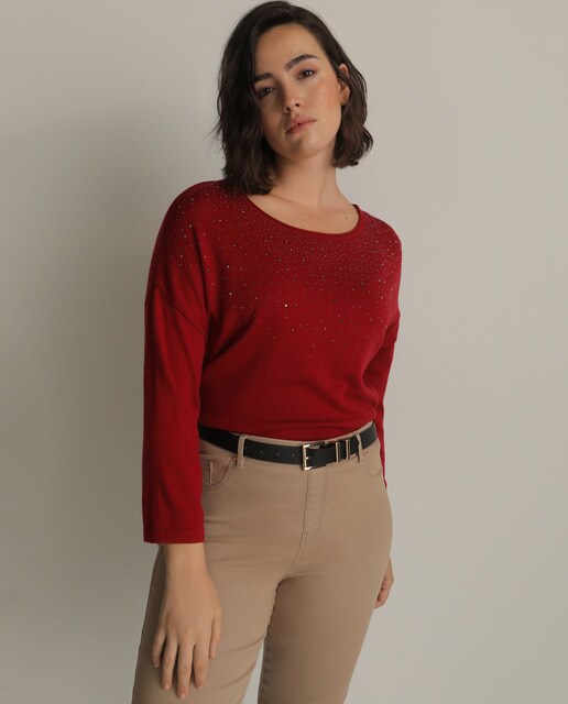 Camisola de malha tamanhos grandes com strass e aba