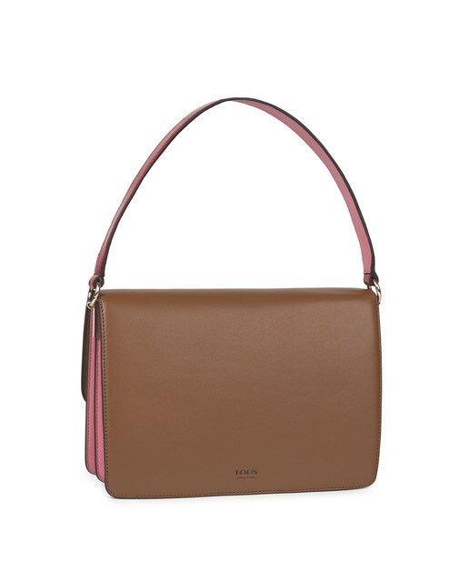 Mala a tiracolo média Audree bicolor castanha e rosa com pormenor de casca de coco