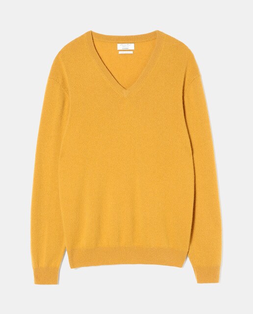 Jersey de de lana 100 % cashmere de hombre Emidio Tucci mostaza con el cuello de pico