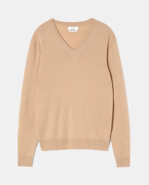 Jersey de lana 100% cashmere de hombre Emidio Tucci beige con el cuello de pico