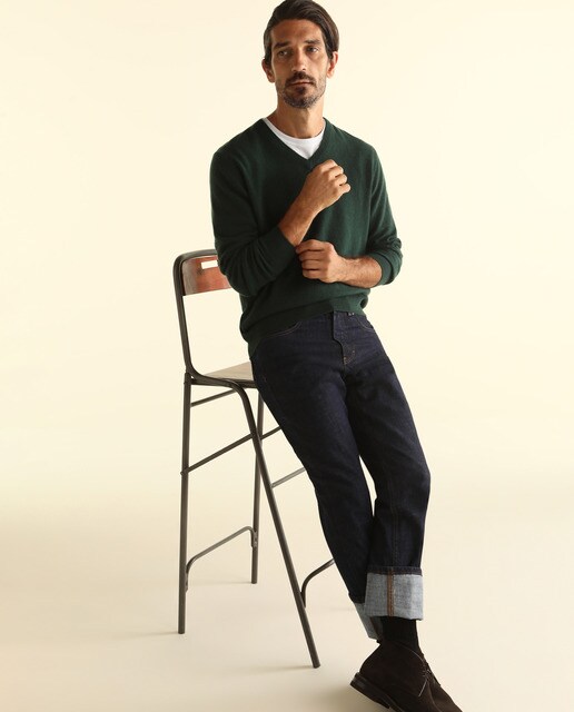 Jersey de lana 100% cashmere de hombre Emidio Tucci verde con el cuello de pico