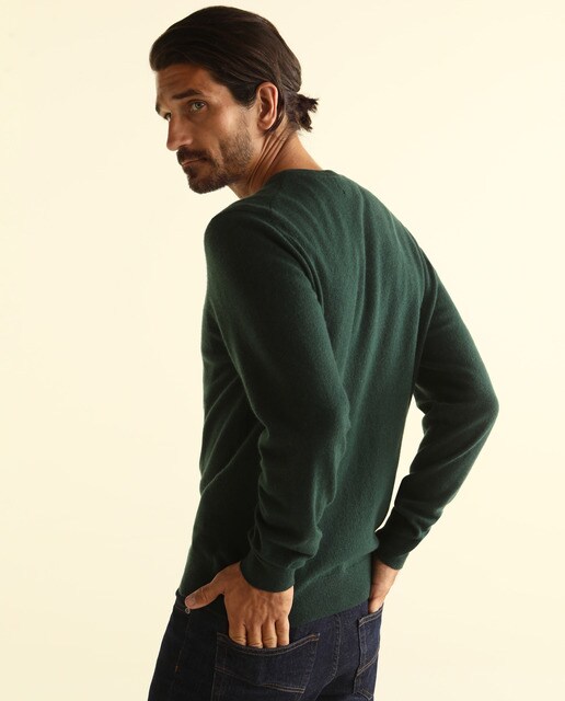 Jersey de lana 100% cashmere de hombre Emidio Tucci verde con el cuello de pico