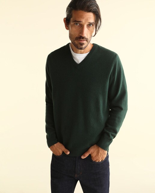 Jersey de lana 100% cashmere de hombre Emidio Tucci verde con el cuello de pico