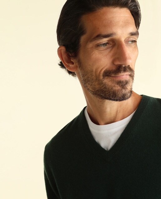 Jersey de lana 100% cashmere de hombre Emidio Tucci verde con el cuello de pico