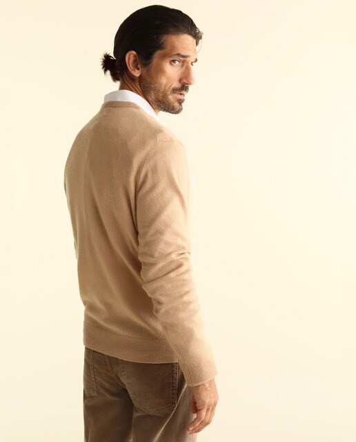 Jersey de lana 100% cashmere de hombre Emidio Tucci beige con el cuello de pico