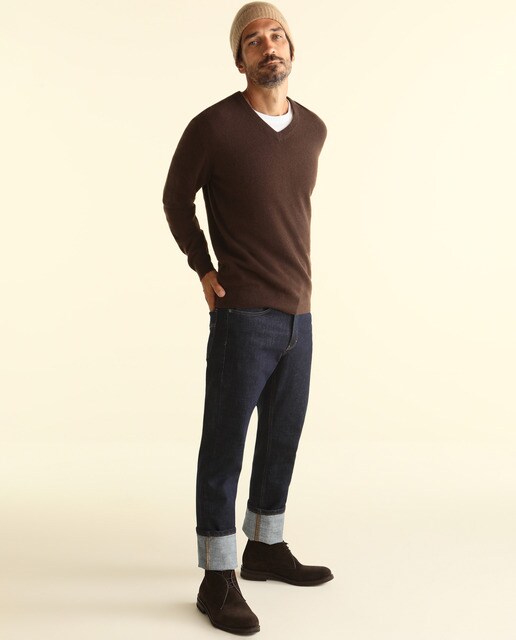 Jersey de lana 100% cashmere de hombre Emidio Tucci marrón con el cuello de pico