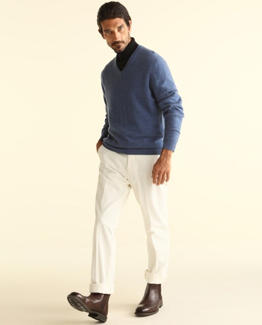 Jersey de lana 100% cashmere de hombre Emidio Tucci azul con el cuello de pico