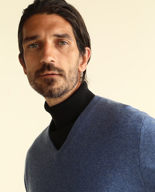 Jersey de lana 100% cashmere de hombre Emidio Tucci azul con el cuello de pico