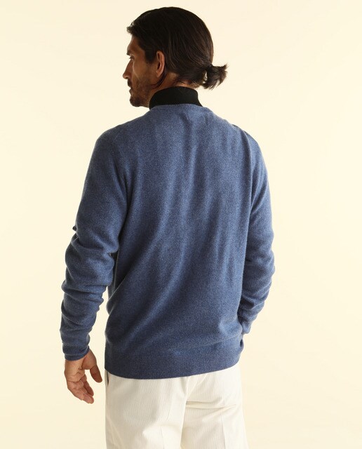 Jersey de lana 100% cashmere de hombre Emidio Tucci azul con el cuello de pico