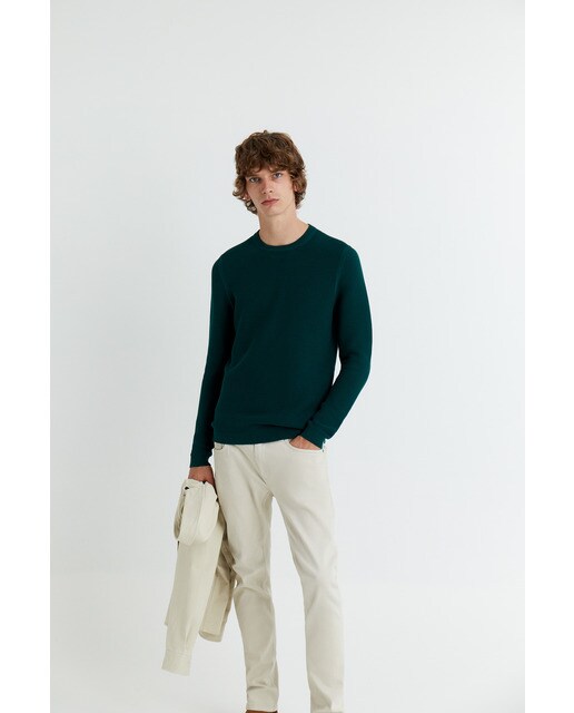 Camisola de malha verde-escuro de homem com decote redondo