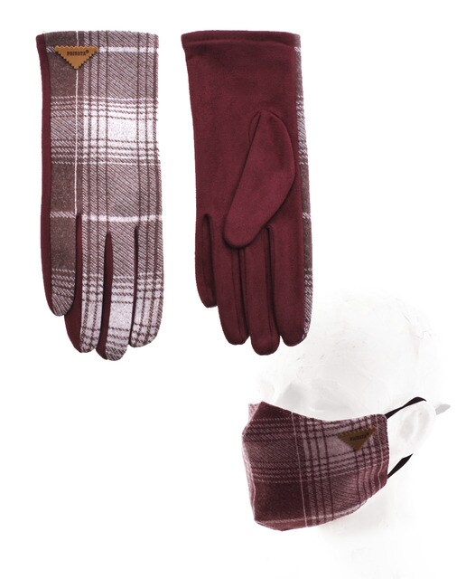 Conjunto de luvas e máscaras bordeaux estampadas