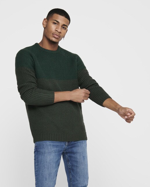Camisola de malha verde de homem com decote redondo