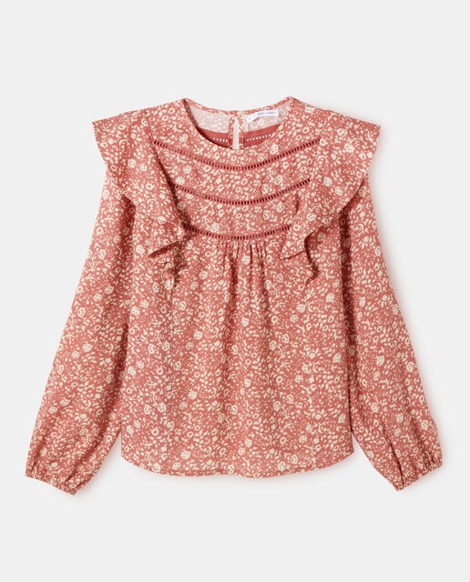Blusa de mujer de estampado floral con entredós