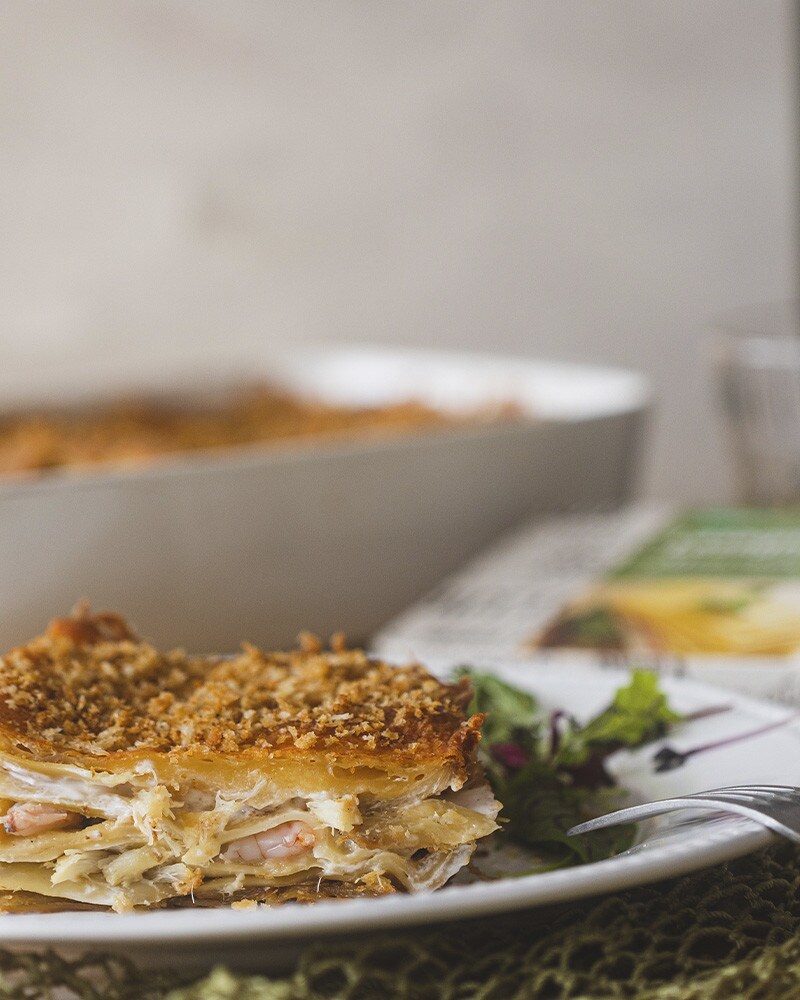 Lasanha de bacalhau e camarão Lasanha de bacalhau e camarão