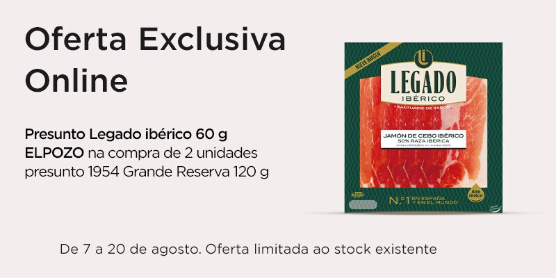 Oferta Elpozo Presunto Legado Ibérico 60 g na compra de 2 unidades presunto 1954 Grande Reserva 120 g Oferta Elpozo Presunto Legado Ibérico 60 g na compra de 2 unidades presunto 1954 Grande Reserva 120 g