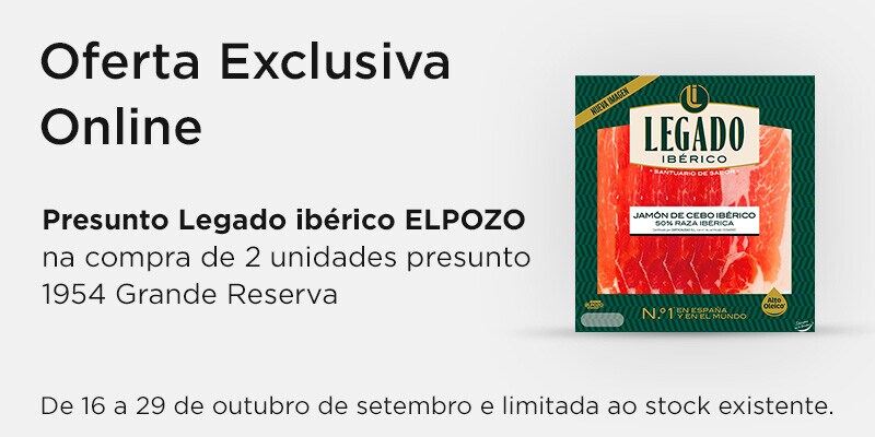 Oferta Elpozo Presunto Legado Ibérico 60 g na compra de 2 unidades presunto 1954 Grande Reserva 120 g Oferta Elpozo Presunto Legado Ibérico 60 g na compra de 2 unidades presunto 1954 Grande Reserva 120 g