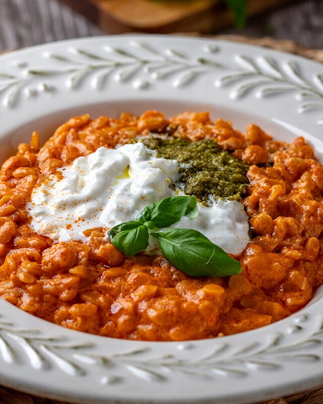 Risonni de tomate, burrata e pesto Risonni de tomate, burrata e pesto