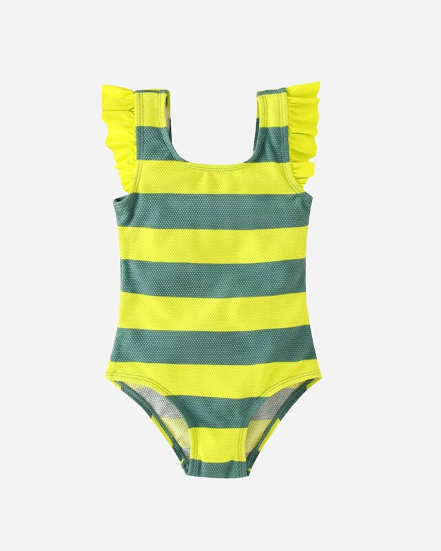 Fato de Banho para Bebé Às Riscas com Folho nas Alças Fato de Banho para Bebé Às Riscas com Folho nas Alças