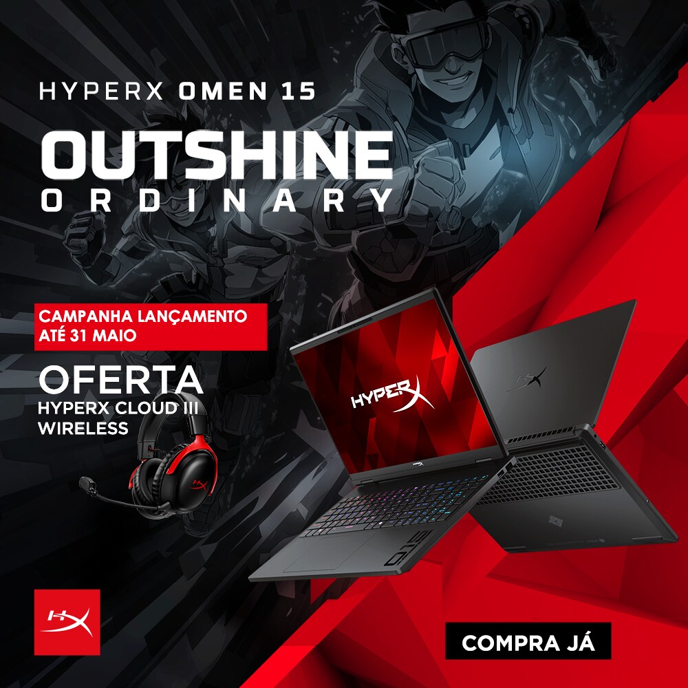 Na compra de um Portátil HP HyperX OMEN 15, receba de oferta um Headset HyperX Cloud III Wireless Na compra de um Portátil HP HyperX OMEN 15, receba de oferta um Headset HyperX Cloud III Wireless