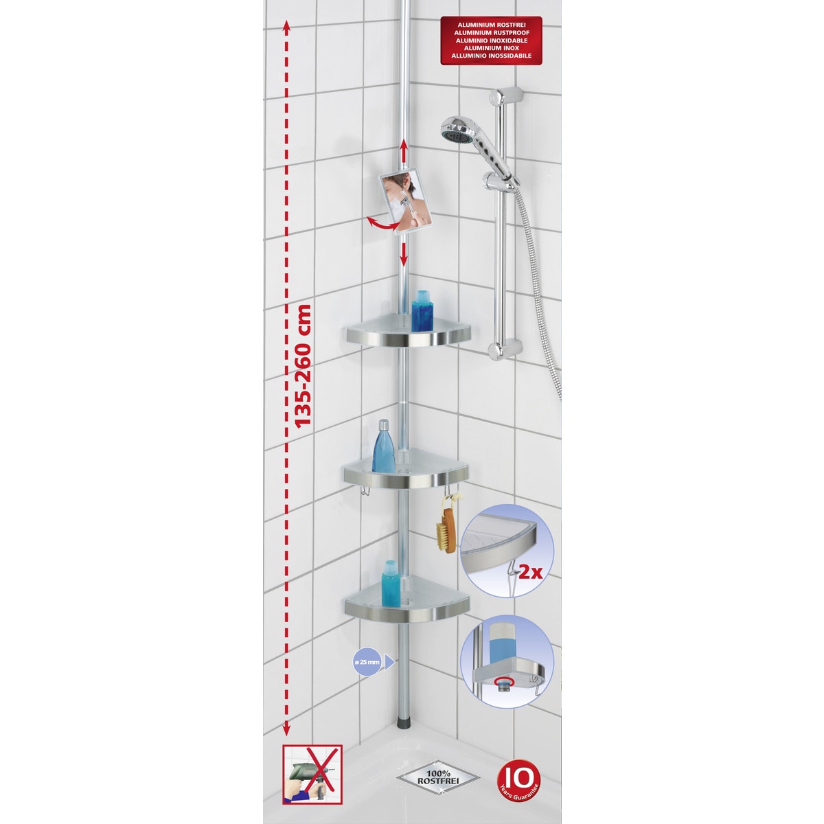 Rinconera Baño Telescópica Premium 3 Repisas y Espejo Aluminio-4