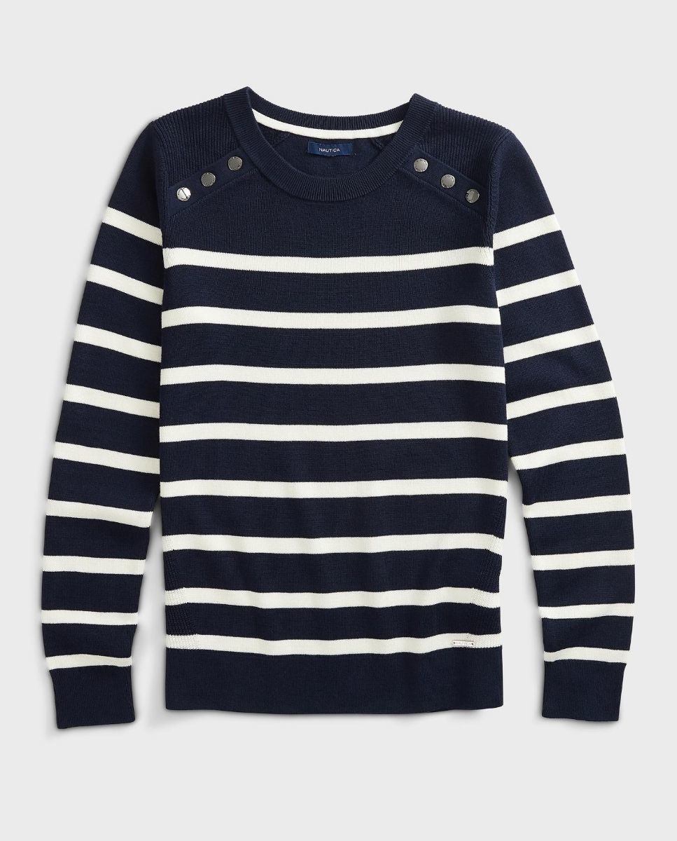 Jersey de mujer de cuello redondo en color azul y estampado de rayas