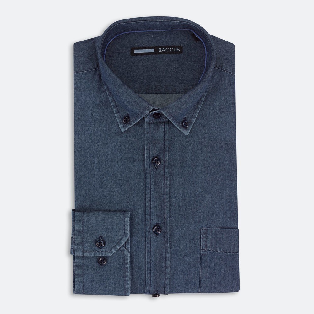Camisa Sport, Fit Regular, Jeans, com botão no colarinho e bolso Azul-1