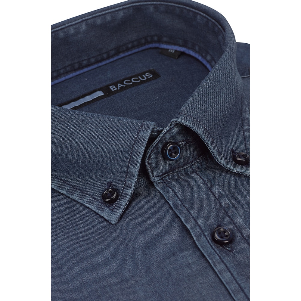 Camisa Sport, Fit Regular, Jeans, com botão no colarinho e bolso Azul-3