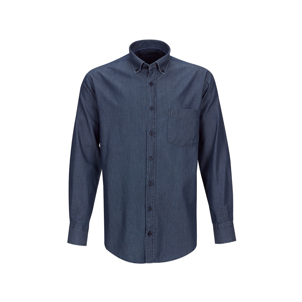 Camisa Sport, Fit Regular, Jeans, com botão no colarinho e bolso Azul-2