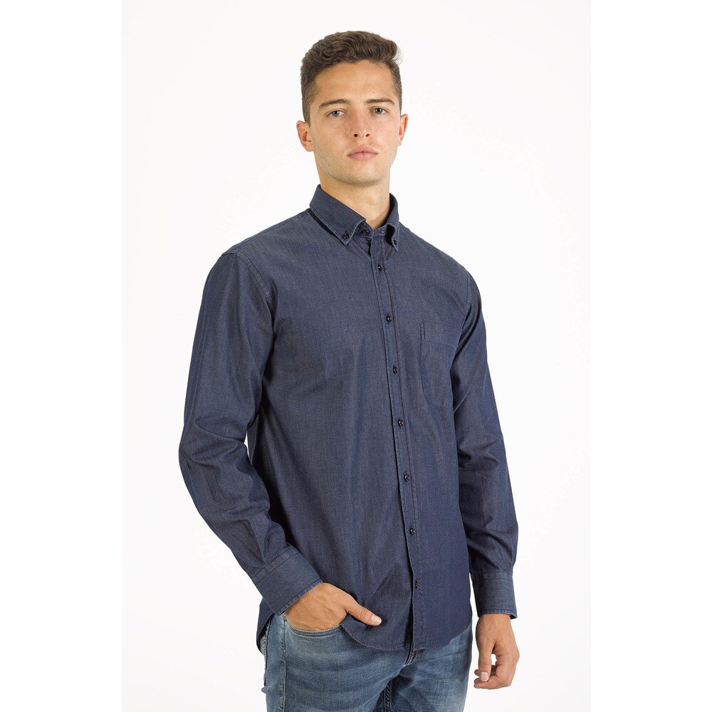 Camisa Sport, Fit Regular, Jeans, com botão no colarinho e bolso Azul-4