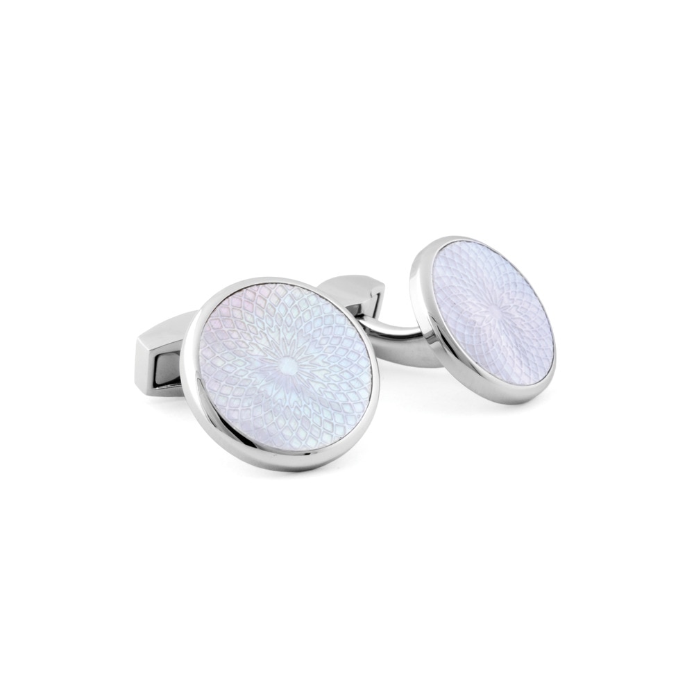 Imagen 0 de Gemelos Rotondo Guilloché con nácar blanco en acero inoxidable Plata