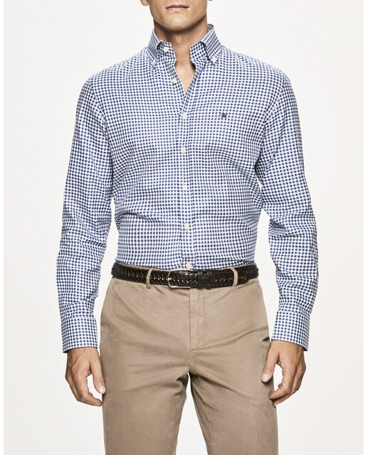 Camisa de hombre slim con estampado a cuadros en azul Camisa Hackett Cuadros Blanca y Azul Para Hombre