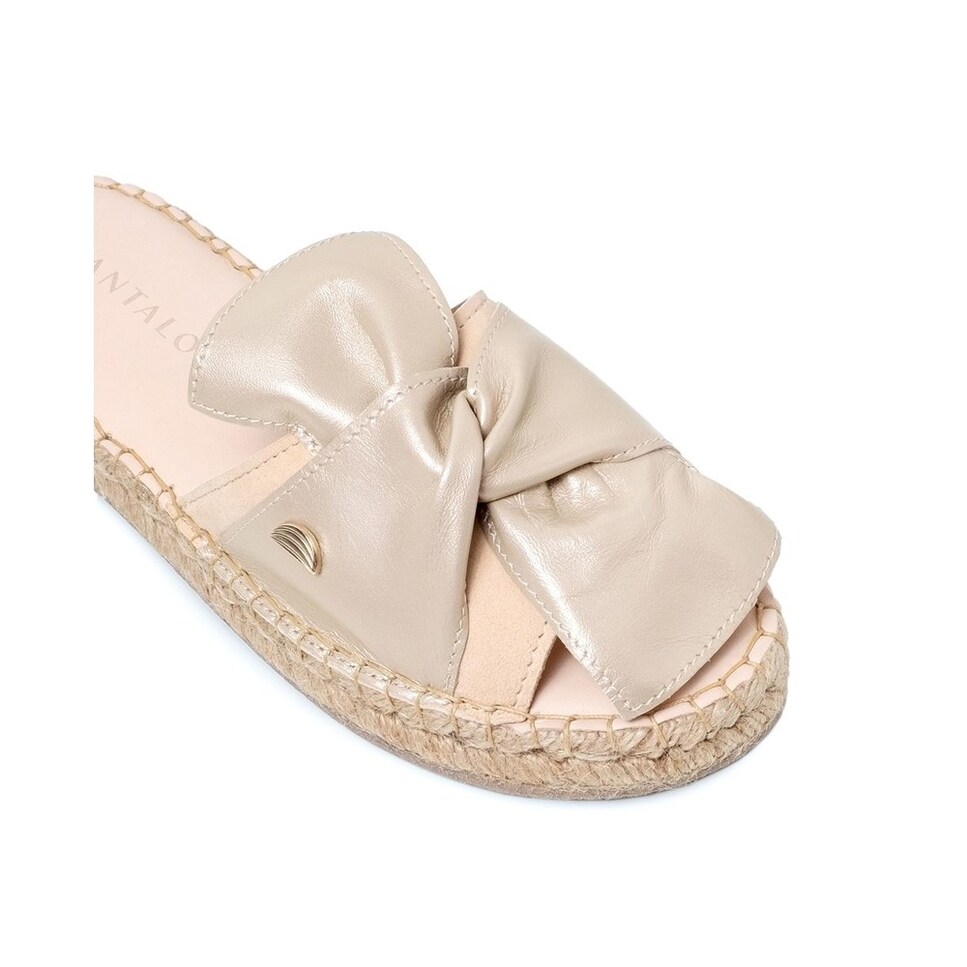 Sandália de mulher Cantaloupe em camurça bege e com laço em pele dourada metalizada Bege-4