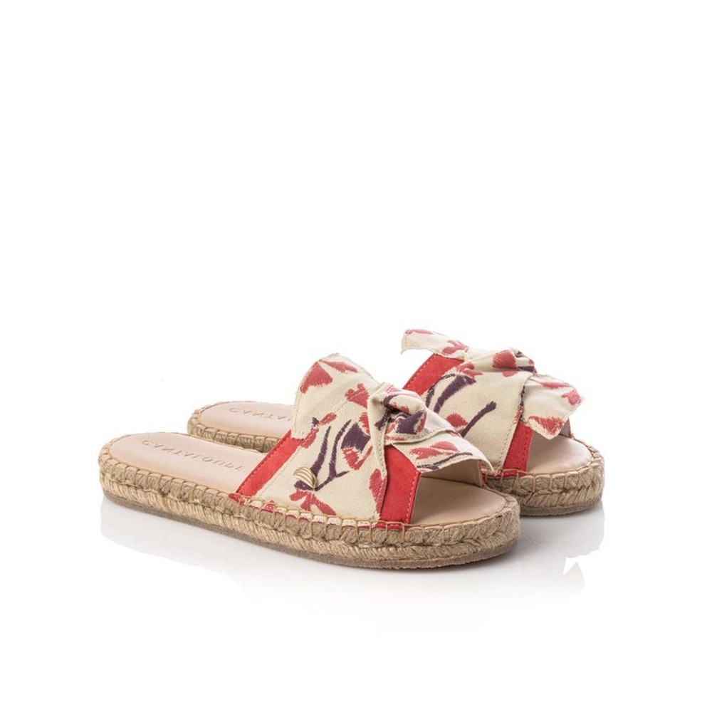 Sandália de mulher Cantaloupe em camurça rosa e laço em tecido bege com estampado de flores Rosa-2