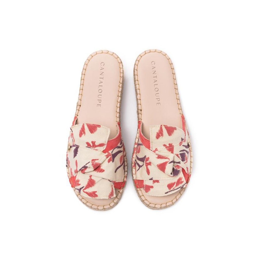 Sandália de mulher Cantaloupe em camurça rosa e laço em tecido bege com estampado de flores Rosa-3