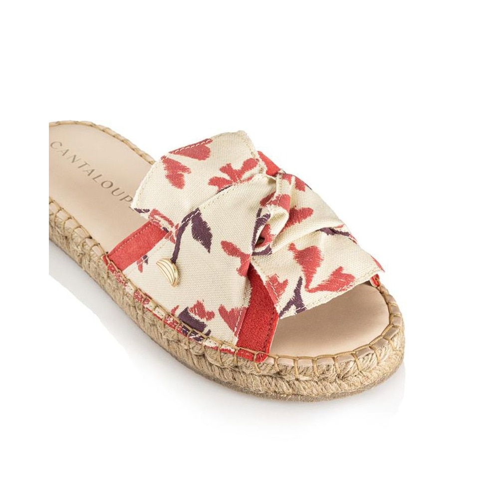 Sandália de mulher Cantaloupe em camurça rosa e laço em tecido bege com estampado de flores Rosa-4