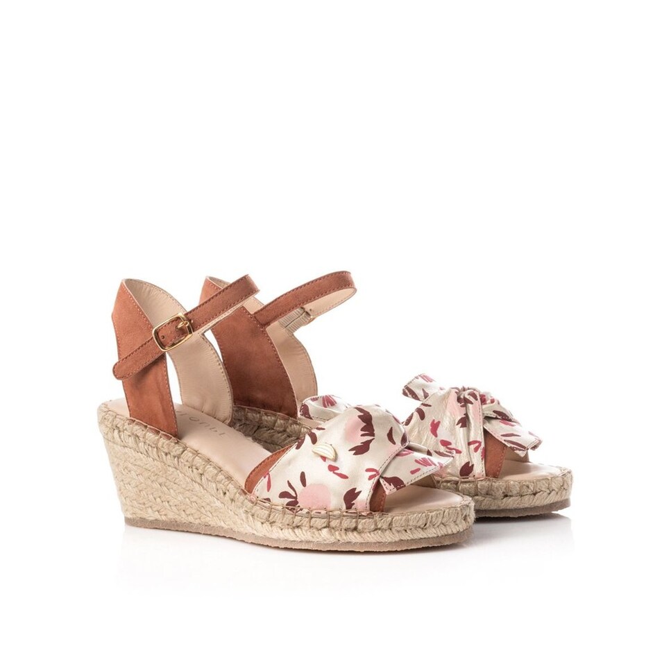 Cunha de mulher Cantaloupe em camurça rosa escuro e laço dourado metalizado em pele Rosa-2