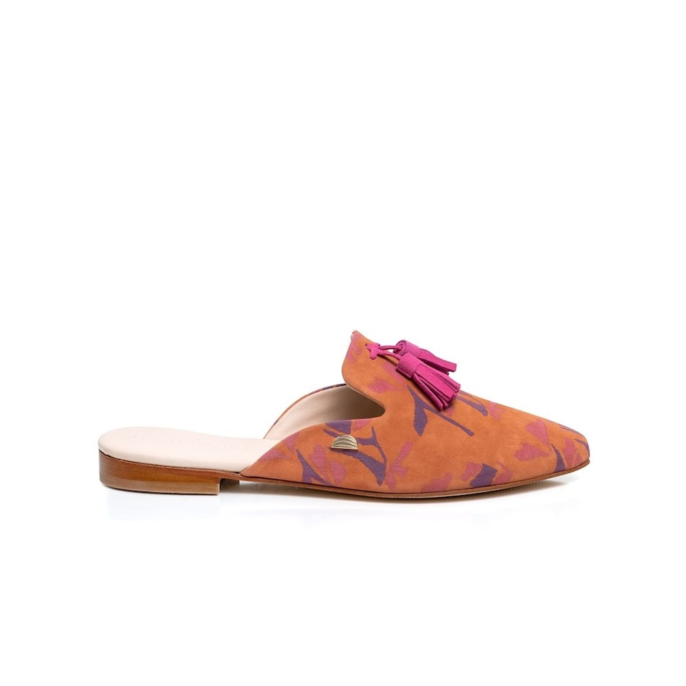 Mule de mulher Cantaloupe em camurça conhaque e estampado floral Conhaque-1
